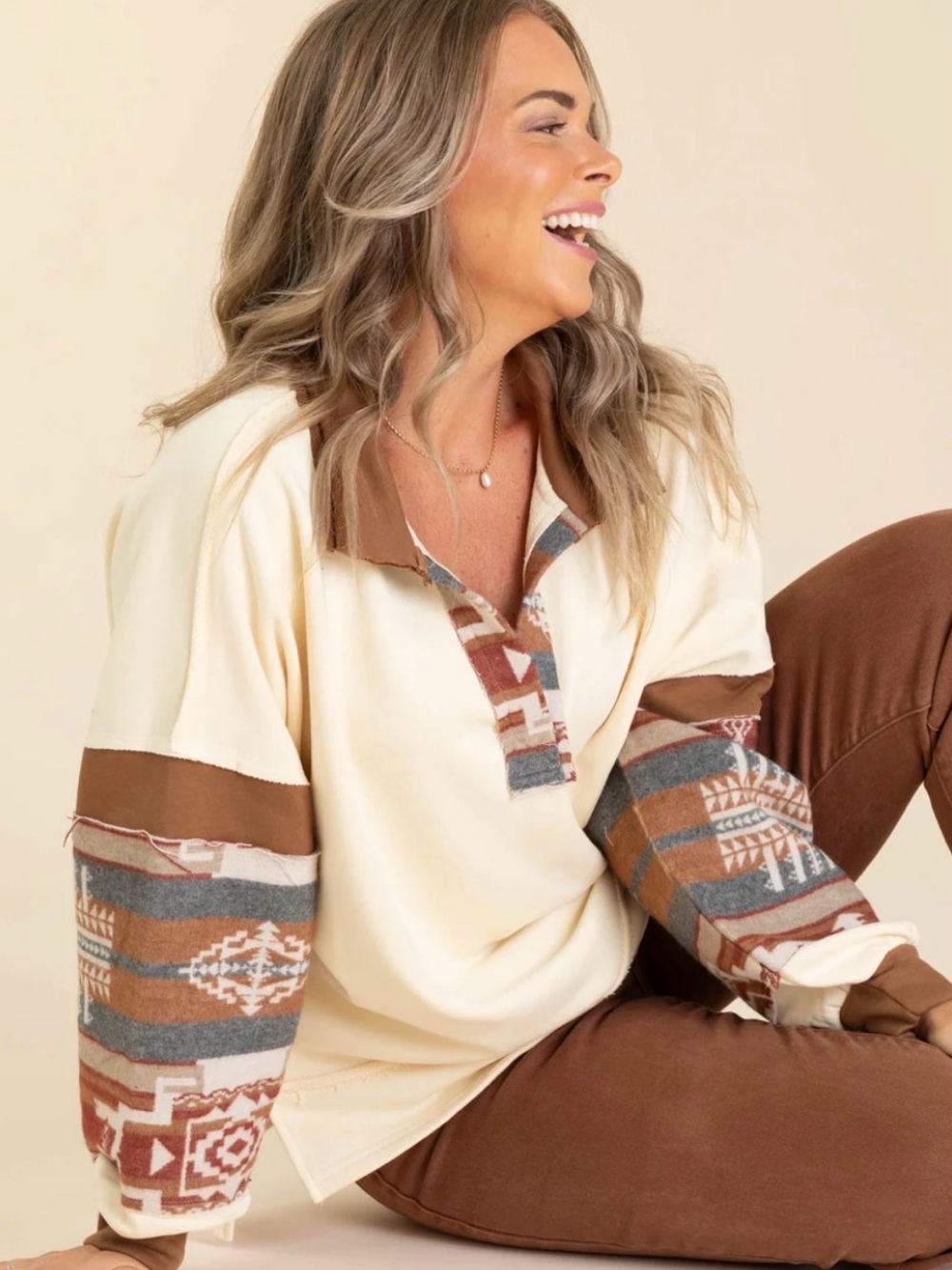 BiBi French Terry Knit Aztec Mixed Materials Top
